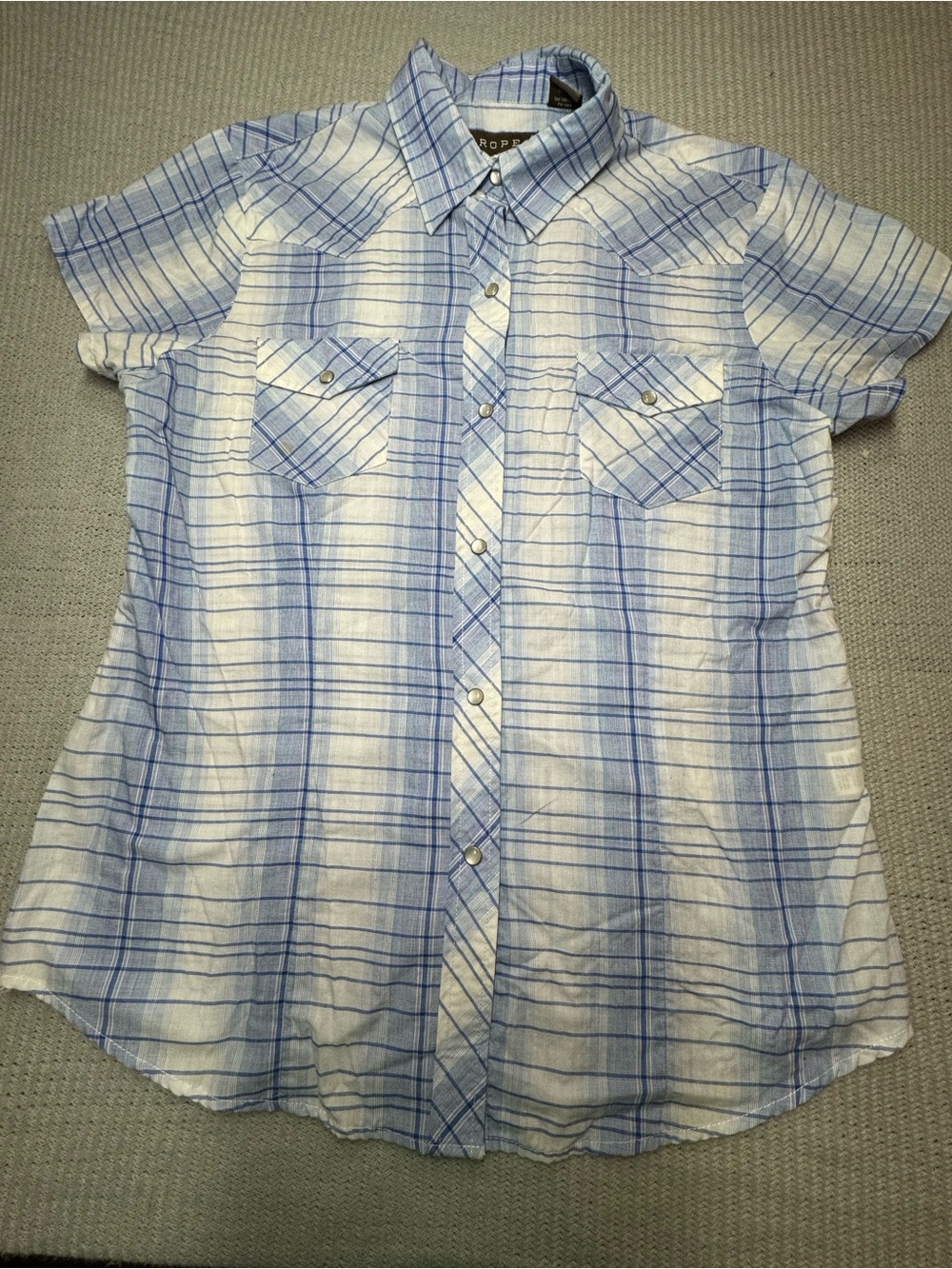 Light Blue Plaid Short Sleeve Shirt for Women